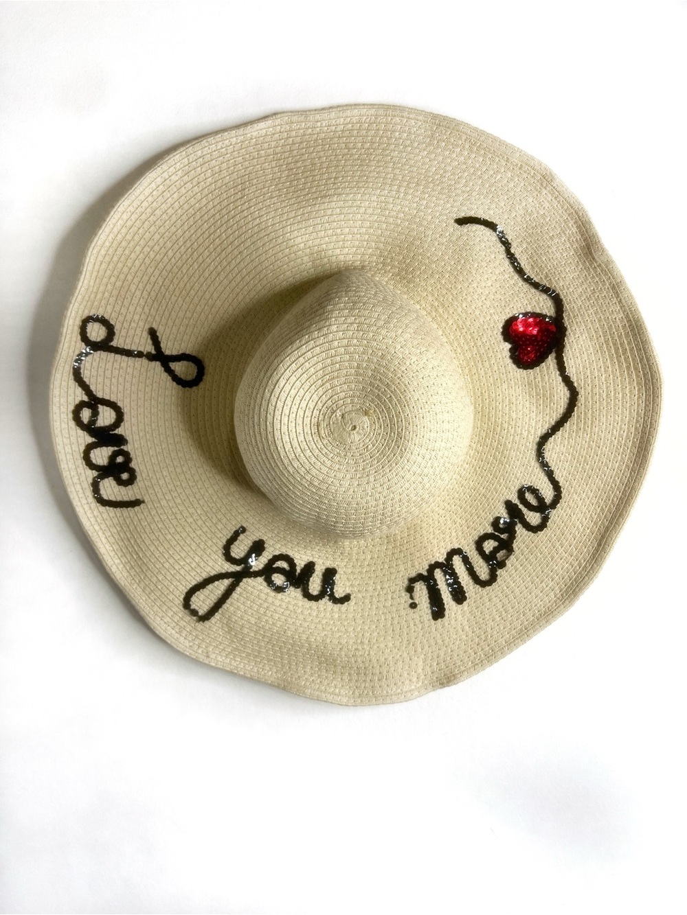 Custom Sequin Love You More Large Brim Straw Hat